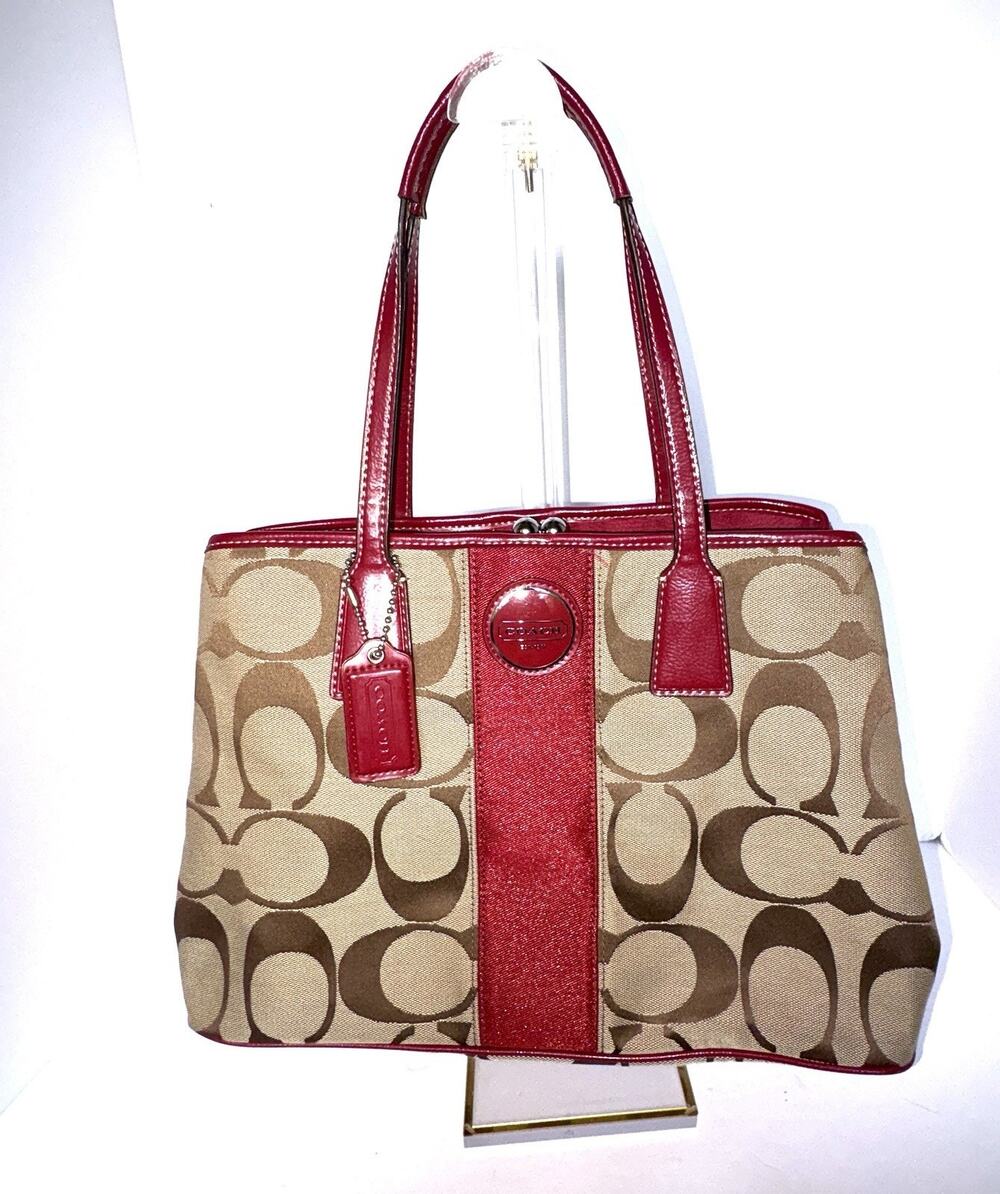 Coach Signature Stripe Kiss Lock Framed Carryall Satchel Red Trim Y2K 14Wx10Hx5D